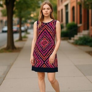 AB STUDIO Women’s Sz XL Black Multi “Dress it up” Stretch Shift Sleeveless Dress